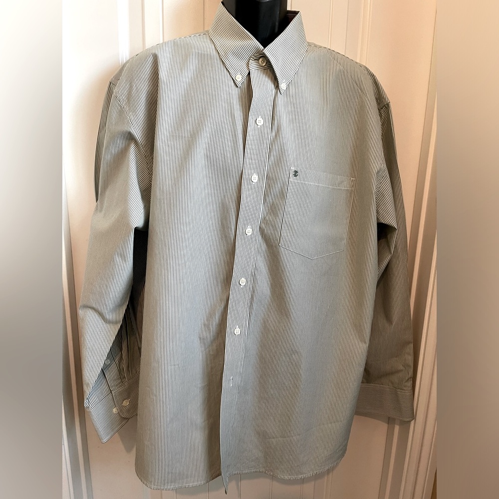 Izod Men’s Luxury Sport Dress Shirt in Moss Green & White Pin Stripe, Size XL